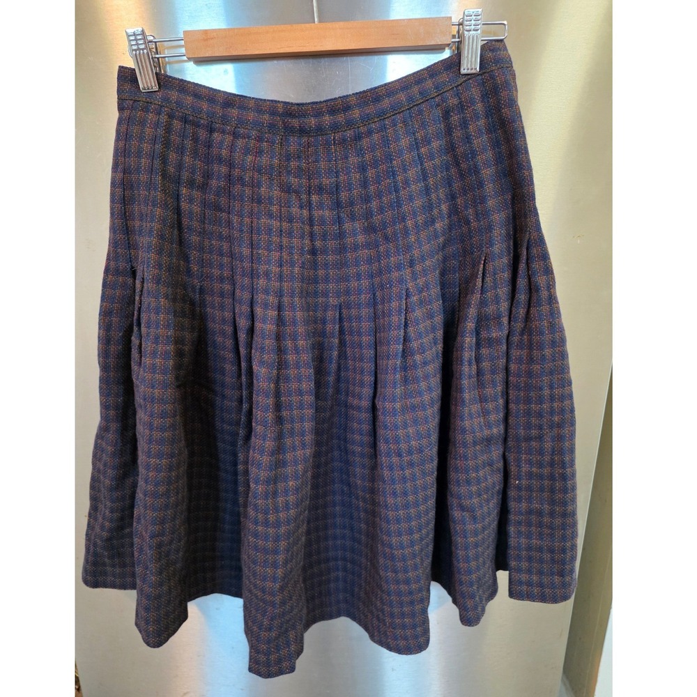 Weathervane Women 14 Pleated Plaid Skirt Blue Brown Wool Vintage ILGWU USA Made